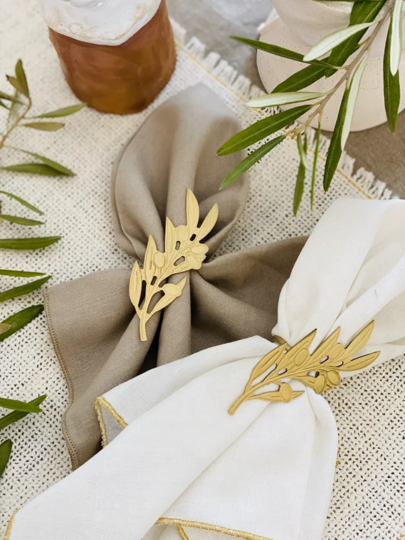 Olive Tree Leaves gold napkin rings with napkins